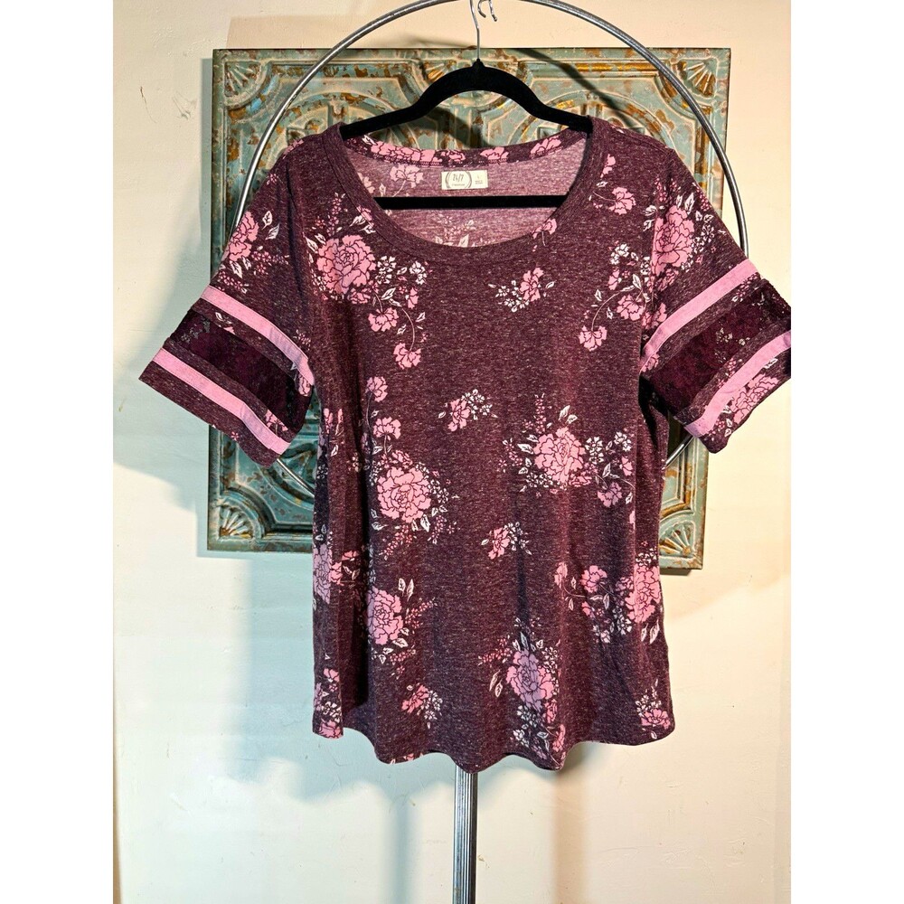 Maurices 24/7 Women’s L Purple Pink Floral Knit Scoop Neck Tee Stretch Lace